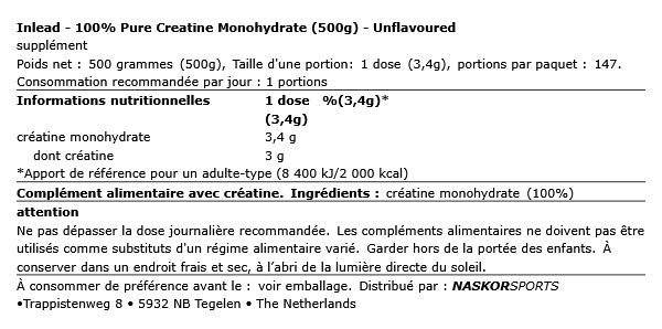 100% Pure Creatine Monohydrate (500g) - Inlead | NutriHeart