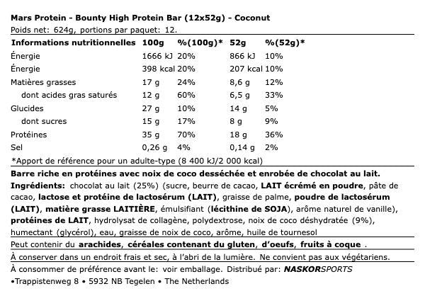 Barre Protéinée Bounty 52g - Mars | NutriHeart