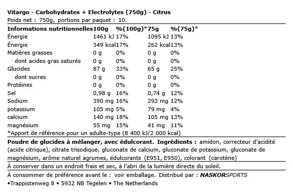 Carbohydrates + Electrolytes (750g) - Vitargo	| NutriHeart