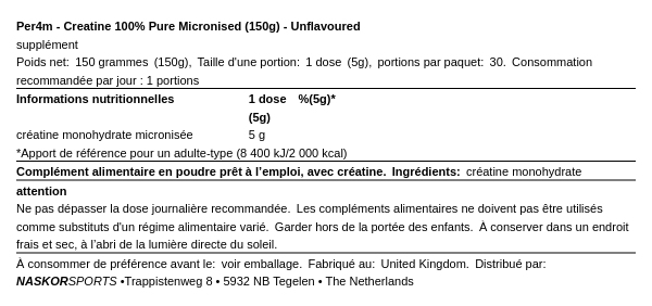 Creatine 100% Pure Micronised (150g) - Per4m | NutriHeart