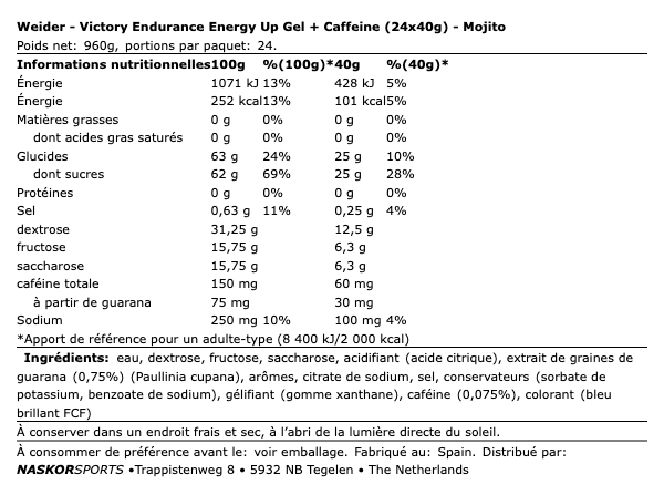 Victory Endurance Energy Up Gel + Caffeine - Mojito - Weider | NutriHeart