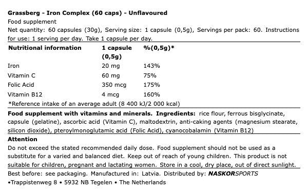 Iron Complex (60 caps) - Grassberg | NutriHeart