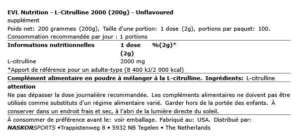 L-Citrulline 2000 (200g) - EVL Nutrition| NutriHeart