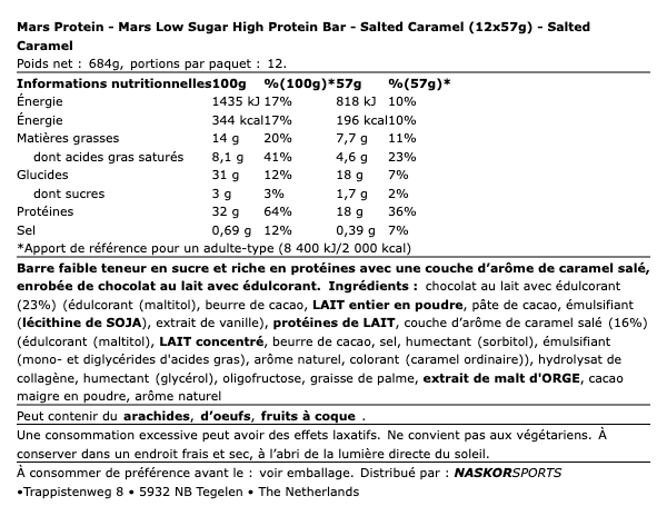 Barre Mars HiProtein Salted Caramel Low Sugar | NutriHeart