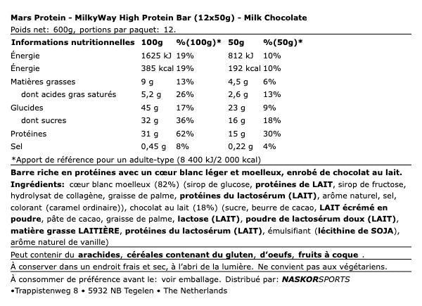 Barre Protéinée MilkyWay 50g - Mars | NutriHeart