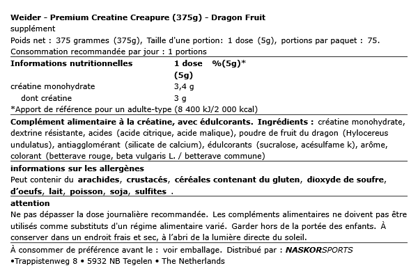 Premium Creatine Creapure (375g) - Weider | NutriHeart