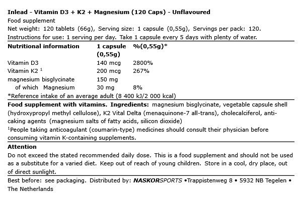 Vitamines D3 + K2 + Magnesium (120 Caps) | NutriHeart