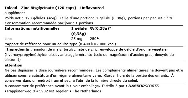 Zinc Bisglycinate 120caps - Inlead | NutriHeart